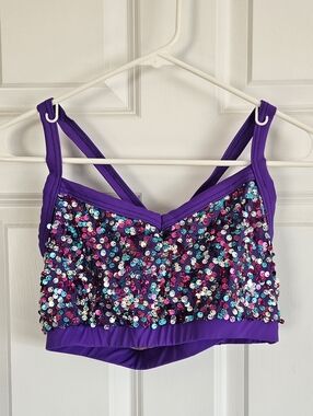 Purple Sequin Crop Dance Top And Skort Set